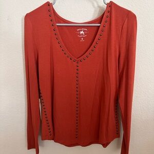Soft Surroundings Brown and Red Fitted Embellished Blouse